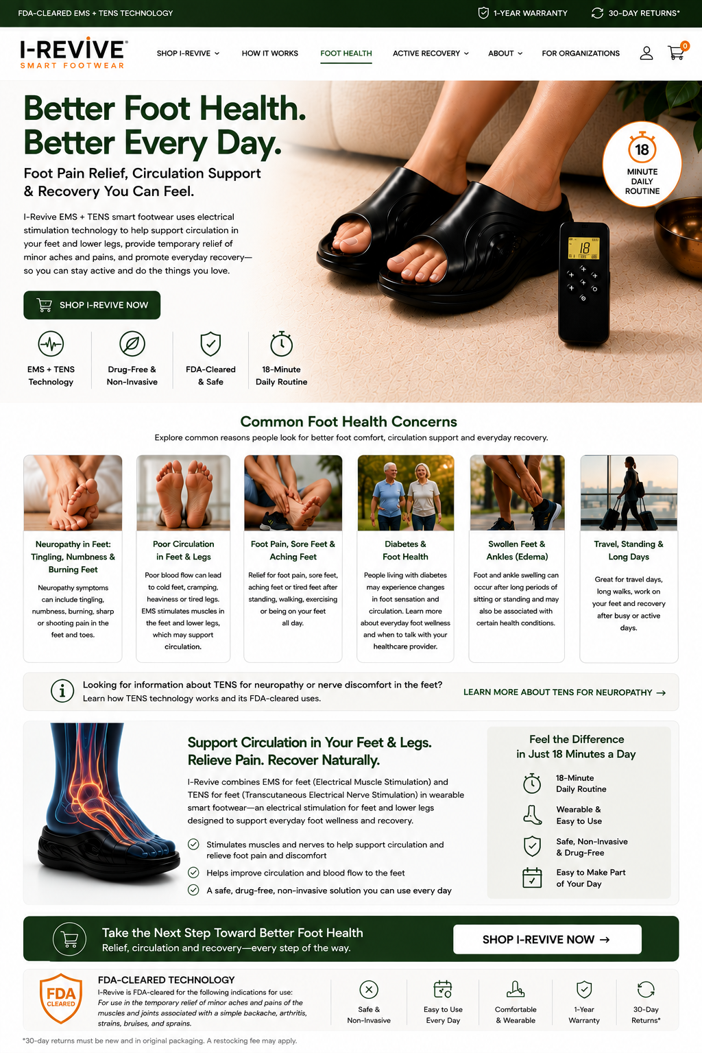 I-Revive EMS and TENS footwear for neuropathy, tingling, numbness, foot pain, circulation and diabetic foot health