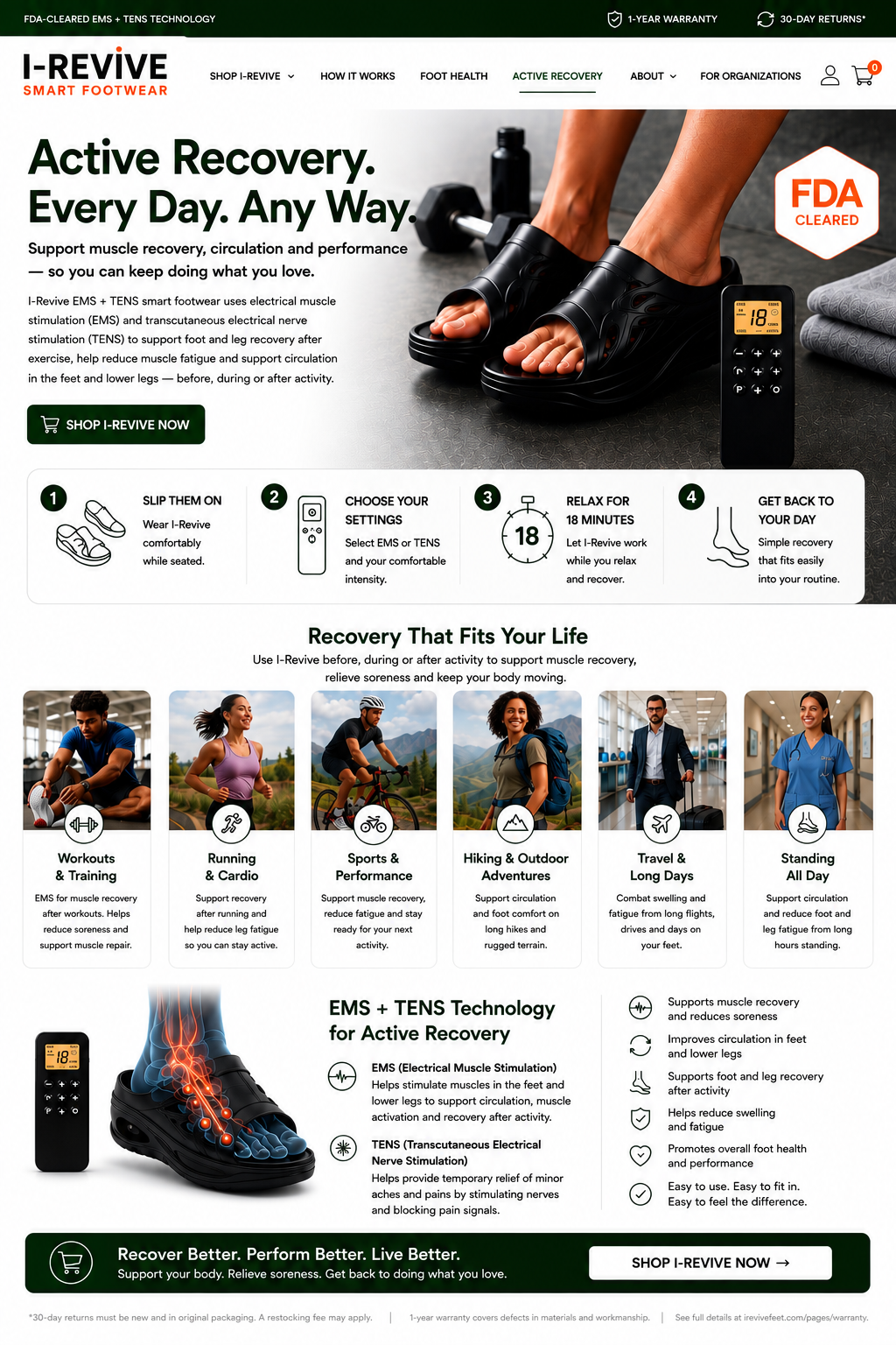 IRevive EMS & TENS smart footwear for muscle recovery, foot circulation relief, exercise daily activities, such as standing on your feet all day