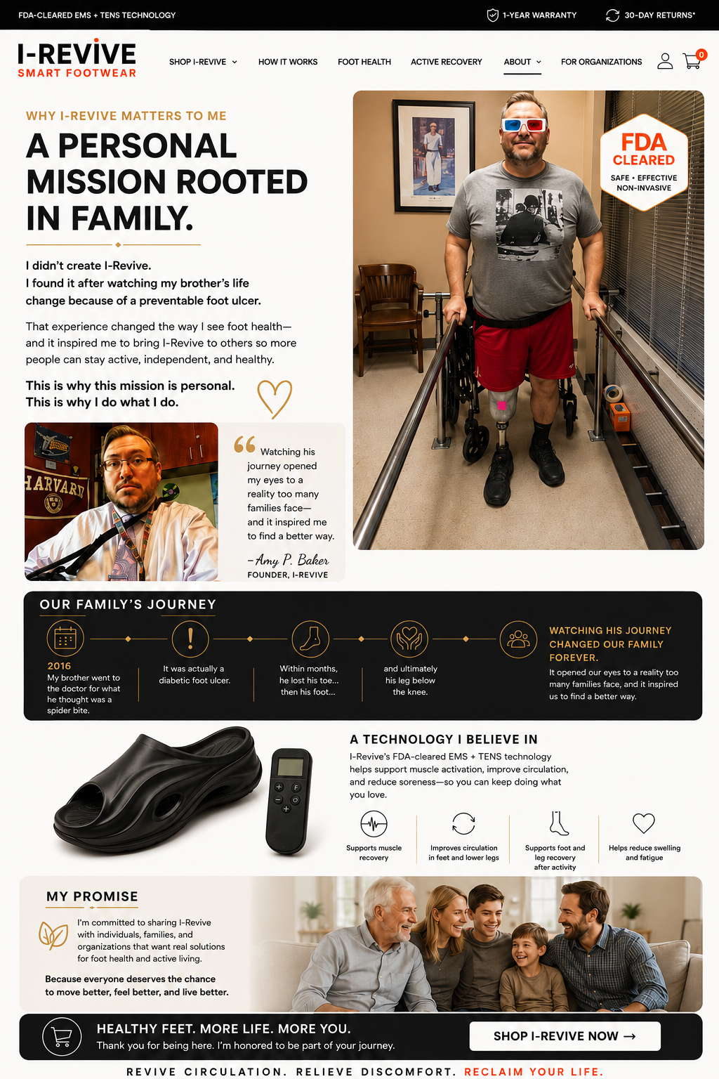 I-Revive EMS & TENS smart footwear for circulation, mission inspired by a brother's diabetic foot ulcer and lower leg amputation.