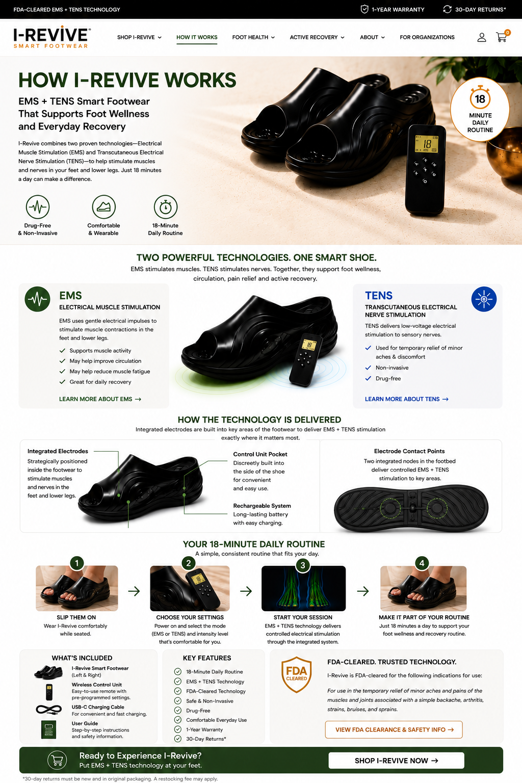  IRevive EMS and TENS foot stimulator smart footwear with electrode contact points, works for circulation, foot wellness and recovery, easy to use remote control and 18-minute daily routine.