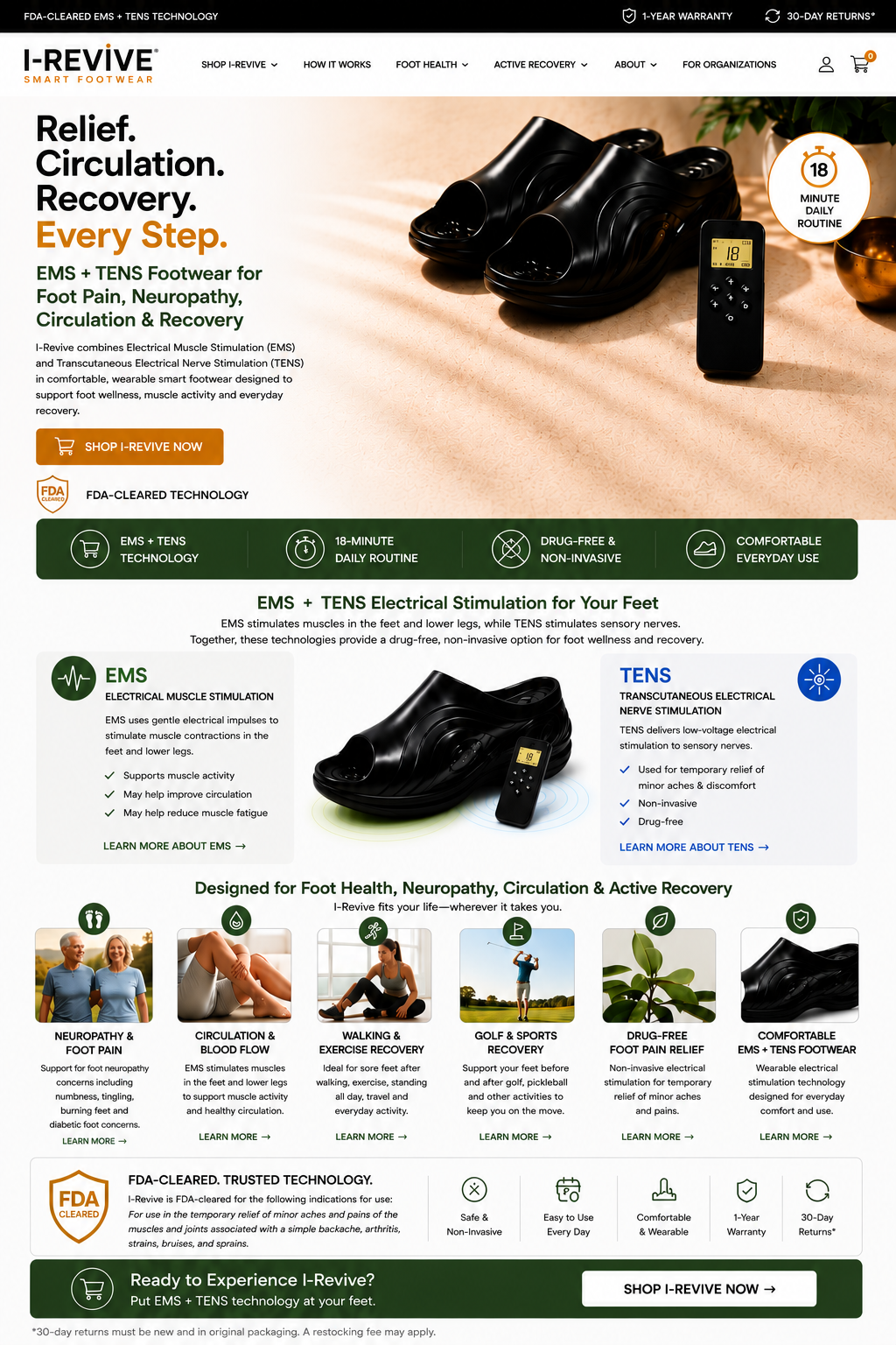 IRevive EMS and TENS smart footwear for foot health, circulation, neuropathy support and active recovery, and everyday foot wellness.